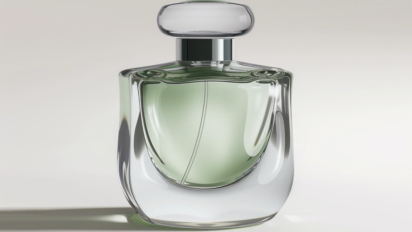 Green perfume bottle on a light gray background
