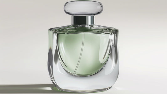 Green perfume bottle on a light gray background